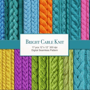 May include: A digital seamless pattern featuring various cable knit textures in vibrant colors, including blue, teal, orange, pink, yellow, purple, and green. The image includes the text "BRIGHT CABLE KNIT" and details about the pattern's dimensions.