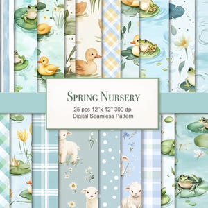 Puede incluir: Conjunto de patrones digitales sin costuras titulado "Spring Nursery". Los patrones presentan ilustraciones de patos, ranas y corderos en una paleta de colores suaves de azules, verdes y amarillos. El conjunto incluye varios diseños, incluyendo cuadros, lunares y patrones florales.