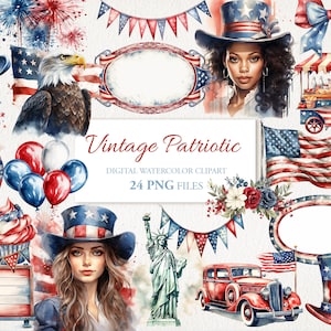 Ensemble de cliparts aquarelle patriotique du 4 juillet, vintage. Illustration de l'IA. Téléchargement numérique. Utilisation commerciale. Revue. PAQUET DE 24