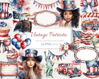 Vintage Patriotic Fourth of July  Watercolor  Clipart PNG Bundle. AI Illustration. Digital Download. Commercial Use. Journal. 24 PACK