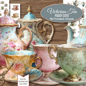 May include: A collection of Victorian-style teacups, saucers, teapots, and pitchers with floral designs. The image includes a variety of pastel colors, including pink, blue, and gold. The text on the image reads "Victorian Tea Fussy Cuts 16 Printable Sheets."