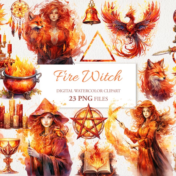 Fire Element Witch Witchcraft Watercolor Clipart PNG Bundle. AI Illustration. Instant Download for Commercial Use. Scrapbook Junk Journal