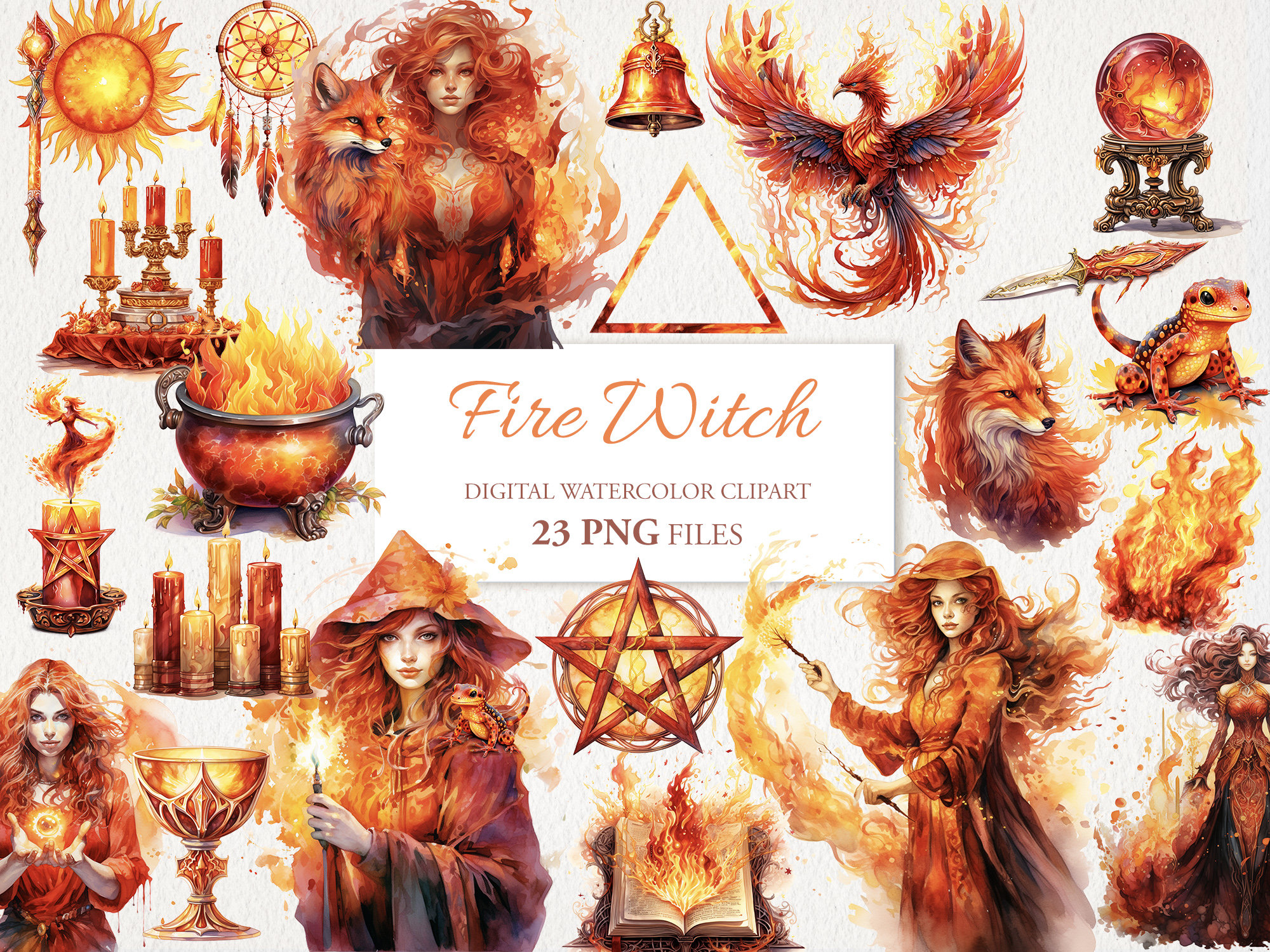 Fire Element Witch Witchcraft Watercolor Clipart PNG Bundle. AI Illustration. Instant Download for Commercial Use. Scrapbook Junk Journal