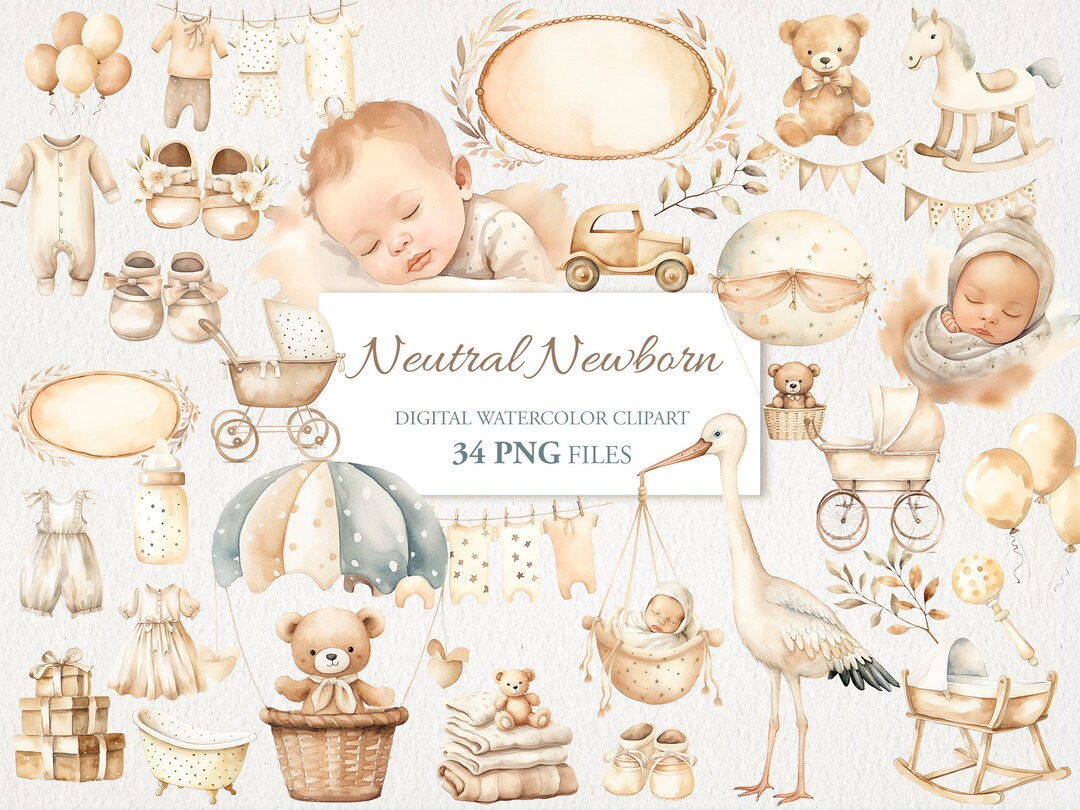Neutral Beige White Newborn Watercolor Clipart Bundle. Baby Children ...