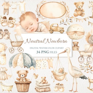 Neutral Beige White Newborn Watercolor Clipart PNG Bundle. Baby Children Nursery Art.  AI Illustration. Instant Download for Commercial Use