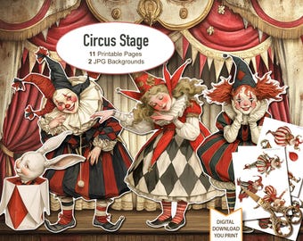 Muñecas de papel de payasos de circo espeluznantes y caprichosos, con recortes precisos, efímeros para diario creativo, descarga digital, 11 hojas con muñecas, 2 fondos.
