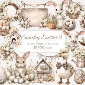 Country Farmhouse Easter Watercolor Clipart PNG Bundle. AI Illustration. Instant Download for Commercial Use. Junk Journal Card. 25 PACK
