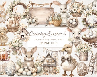 Puede incluir: Un conjunto de clipart digital de acuarela con un tema de Pascua campestre. El conjunto incluye 25 archivos PNG con conejos, pollitos, corderos, patos, huevos, coronas, flores y otras decoraciones de Pascua. El clipart es perfecto para crear invitaciones, tarjetas, páginas de álbum de recortes y otras manualidades.