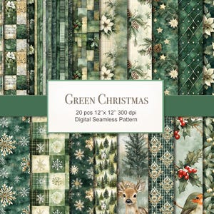 May include: A set of 20 digital seamless patterns with a green Christmas theme. The patterns feature plaid, floral, and nature-inspired designs, including snowflakes, deer, and holly. The image displays the text "Green Christmas". Each pattern is 12" x 12".