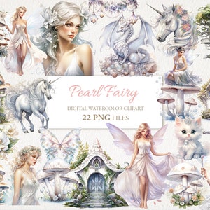 Pearl White Fairy Magic Garden aquarel clipart PNG-bundel. AI-illustratie. Directe download. Commercieel gebruik. Plakboek Journaal. 22 PAK