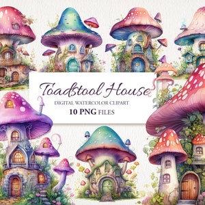 Ensemble de cliparts aquarelle de maisons de fées vénéneuses. Maison champignon, portes fantastiques. Illustration de l'IA. Téléchargement instantané pour une utilisation commerciale.