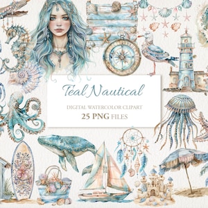 Teal Nautical Watercolor Clipart PNG Bundle. Kapitan Ocean Sea. Ilustracja AI. Natychmiastowe pobranie. Wykorzystanie komercyjne. Junk Journal. 25 PACZEK