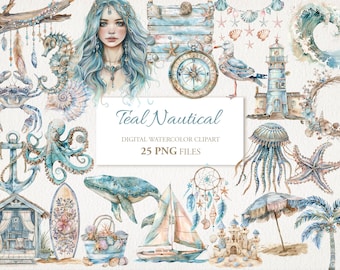 Op de afbeelding: Teal Nautical digitale waterverf clipart set met 25 PNG-bestanden. De set bevat een zeemeermin, zeepaardje, octopus, walvis, zeilboot, vuurtoren, kwal, zeester, schelpen, anker, kompas, surfboard, parasol, palmboom en meer.