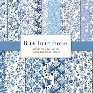 Blue Toile Seamless Pattern. Floral Digital Craft Paper Bundle. Commercial Use. Crafting, Decoupage, Journal. 22 PACK