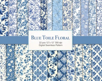 Blue Toile Floral Seamless Pattern. Digital Paper. 22 PACK