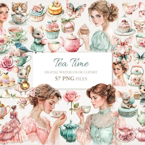 Pacote de clipart de aquarela vitoriana Shabby Chic para a hora do chá. Uso comercial. Cartões de recordações efêmeras para scrapbook. 57 PNG