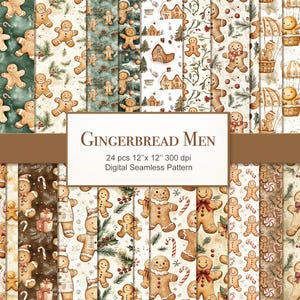 Könnte beinhalten: Ein Set mit 24 digitalen nahtlosen Mustern mit Lebkuchenmännern in verschiedenen Posen und Designs. Die Muster sind perfekt für die Erstellung festlicher Bastelarbeiten, zum Scrapbooking und für andere kreative Projekte. Die Muster sind 30,5 cm x 30,5 cm groß und haben eine Auflösung von 300 dpi.