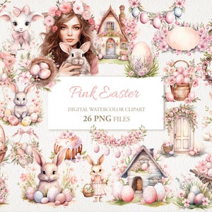 Rosa Ostern Aquarell Clipart PNG Bundle. Hase, Eier. KI Illustration. Sofort Download für kommerzielle Nutzung. Junk Journal Karte. 26 PACK