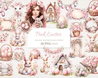May include: Pink Easter digital watercolour clipart set with 26 PNG files. Includes a bunny rabbit, a lamb, a bird, a house, a door, a basket of eggs, a cake, a wheelbarrow, a wreath, and a nest of eggs.