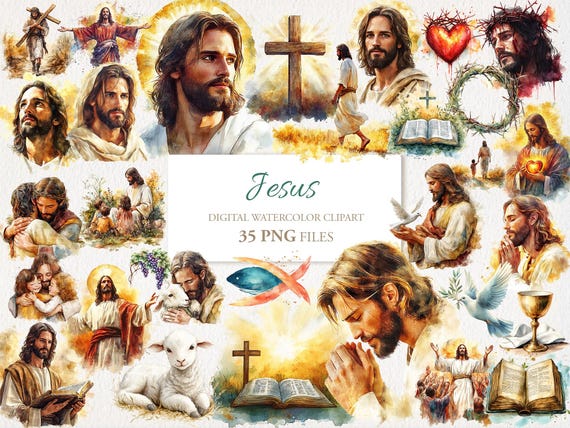 Jesus Bible Religious Symbols Testament Christian Clipart PNG Bundle. AI Illustration. Commercial Use. Scrapbook Junk Journal. 35 PNG