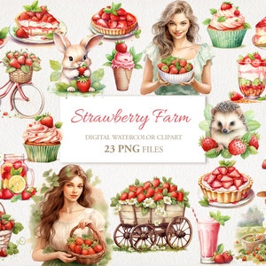 Lot de cliparts aquarelle d'été à la ferme aux fraises et aux baies. Illustration de l'IA. Téléchargement instantané pour une utilisation commerciale. Carte journal indésirable. PAQUET DE 23