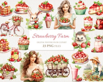 Strawberry Berry Farm Summer Watercolor Clipart PNG Bundle. AI Illustration. Instant Download for Commercial Use. Junk Journal Card. 23 PACK