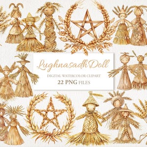 Lot de poupées Lughnasadh Lammas Wicca Wicca Neopagan aquarelle Clipart PNG. Illustration de l'IA. Utilisation commerciale. Journal de scrapbooking sorcière