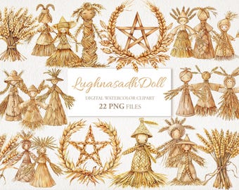 May include: A set of 22 digital watercolour clipart images of straw dolls and wheat sheaves. The images are perfect for crafting, scrapbooking, and other creative projects. The text "Lughnasadh Doll" and "Digital Watercolour Clipart 22 PNG Files" is included in the image.