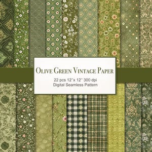 May include: An assortment of olive green vintage paper sheets with various floral, geometric, and plaid patterns. The image includes a white rectangle with the text "Olive Green Vintage Paper" and details about the paper size and resolution.