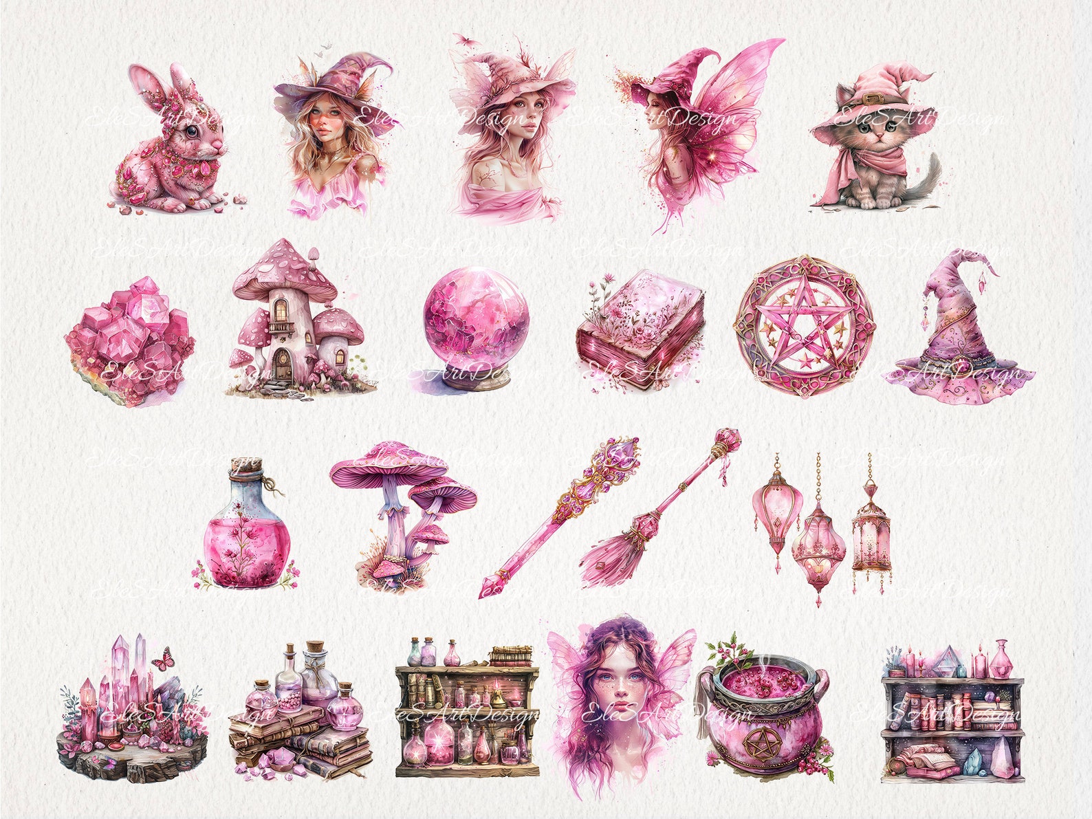 Pink Fairy Witch Magic Witchcraft Watercolor Clipart PNG Bundle. AI ...