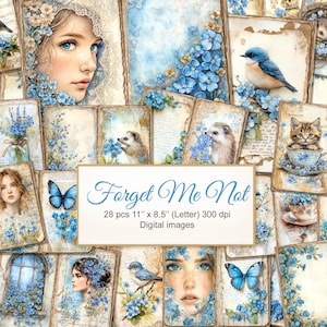 Forget Me Not Flower Summer Floral Junk Journal imprimable double pages. Téléchargement numérique. Illustration de l'IA. PAQUET DE 22