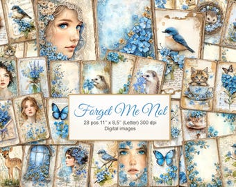 Peut inclure: Une feuille de collage numérique avec 28 images représentant des fleurs de myosotis, des oiseaux, des hérissons, un chat et un cerf. Les images sont de style vintage avec une palette de couleurs bleu clair et crème. Le texte "Forget Me Not" est au centre de la feuille.