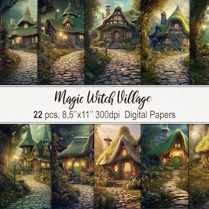 Casa del villaggio delle streghe di Magic Fantasy. Carta stampabile digitale Foresta Incantata. Download istantaneo. Scrapbooking del diario spazzatura. CONFEZIONE DA 22