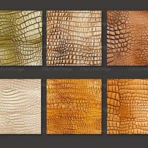 May include: Six different crocodile skin textures in various shades of brown, beige, and green. The textures are seamless and can be used for a variety of design projects.