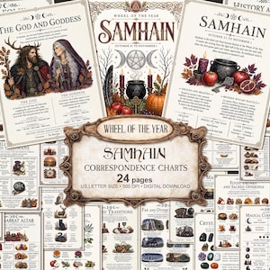 May include: A collection of 24 digital pages titled Wheel of the Year Samhain Correspondence Charts. The pages feature illustrations of a god and goddess, a cauldron, pumpkins, and autumn leaves, with text detailing myths, traditions, and rituals.