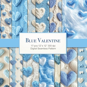 Gezellig blauw Valentijnsharten naadloos patroonpapier. Commercieel gebruik. Knutselen, plakboek, rommeldagboek. PAKKET VAN 17