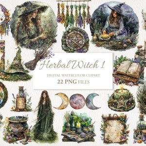 Herbal Witch Witchcraft Watercolor Wiccan Clipart PNG Bundle. AI Illustration. Instant Download for Commercial Use. Scrapbook Junk Journal