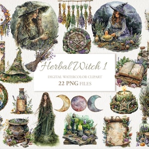 Herbal Witch Witchcraft Watercolor Wiccan Clipart PNG Bundle. AI Illustration. Instant Download for Commercial Use. Scrapbook Junk Journal