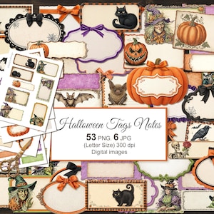 May include: A collection of Halloween-themed digital tags and notes. The image features various designs, including pumpkins, black cats, witches, bats, and decorative frames. The text "Halloween Tags Notes" is displayed prominently, along with file specifications.