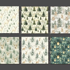 May include: Six digital paper patterns featuring winter forest scenes. The patterns include deer, rabbits, pine trees, and stars. The patterns are in shades of green, white, and brown.