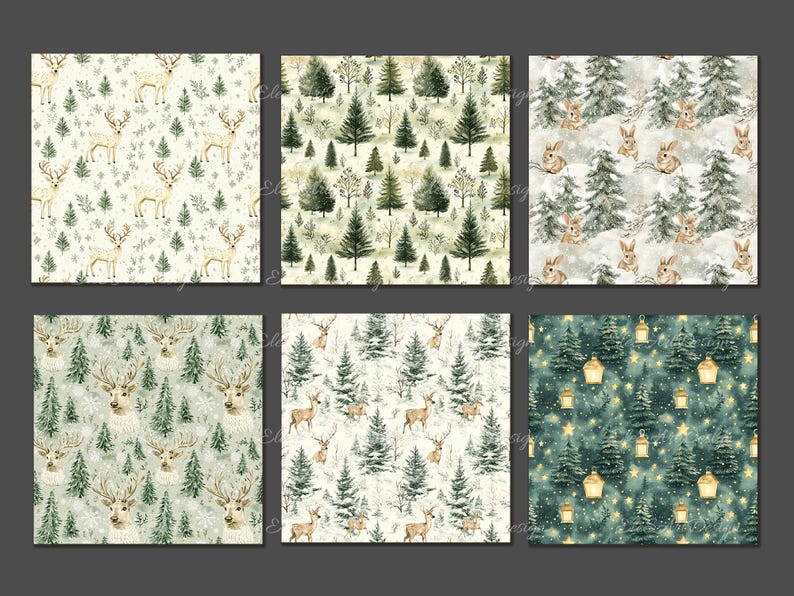 May include: Six digital paper patterns featuring winter forest scenes. The patterns include deer, rabbits, pine trees, and stars. The patterns are in shades of green, white, and brown.