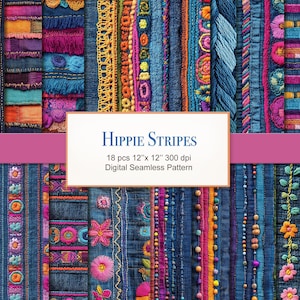 Può includere: Un motivo digitale senza cuciture con strisce strutturate e colorate. Il design comprende denim, frange, ricami e dettagli di perline. Il testo "Hippie Stripes" è visualizzato su un rettangolo bianco, con dimensioni di 30,48 cm x 30,48 cm.