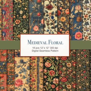 Medieval Style Seamless Pattern. Digital Craft Paper Bundle. Commercial Use. Crafting, Decoupage, Journal. 18 PACK