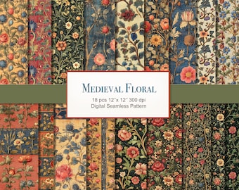 Medieval Style Seamless Pattern. Digital Craft Paper Bundle. Commercial Use. 18 PACK