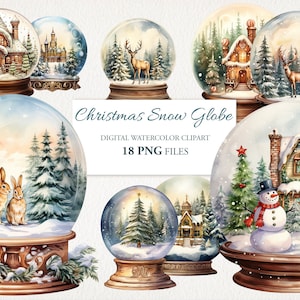 Noël Snow Globe aquarelle Clipart PNG Bundle. Illustration IA. Téléchargement instantané pour un usage commercial. Journal indésirable, Scrapbooking.