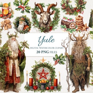 Peut inclure: Un ensemble d'images numériques en aquarelle représentant des images de Noël, notamment un homme barbu avec une cape verte et des bois de cerf, un homme barbu avec une cape rouge et verte, une chèvre avec des bois, une couronne de houx et de pommes de pin, un sapin de Noël et une variété d'autres éléments festifs. Le texte "Yule" et "20 fichiers PNG" est également inclus dans l'image.
