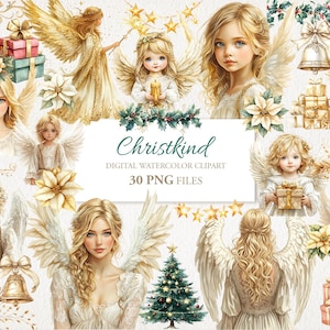Christkind aquarel clipart png bundel. Kerst engel. Direct downloaden. Commercieel gebruik. Plakboek ongewenste dagboekkaart.  Pakket van 30 + 10 JPG