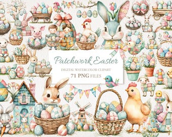 Puede incluir: Conjunto de imágenes prediseñadas digitales de acuarela con ilustraciones de Pascua. Presenta conejitos, pollitos, huevos y cestas. El texto "Patchwork Easter" se muestra sobre un fondo blanco. Incluye 71 archivos PNG.