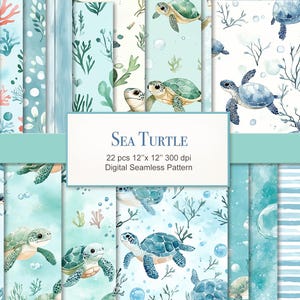 May include: A collection of 22 digital seamless patterns with a sea turtle theme. The patterns feature watercolor illustrations of sea turtles, coral, and aquatic plants in shades of blue and green. The text "Sea Turtle" is displayed.