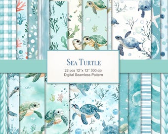 Sea Turtle Summer Seamless Pattern. Digital Bundle. Commercial Use. 22 PACK